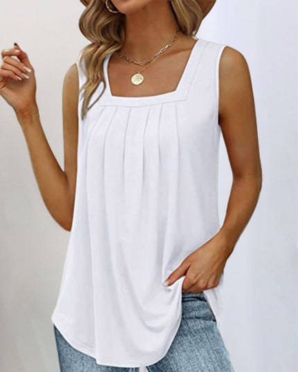 Women's Square Neck Pleated Tank Top with Curved Hem