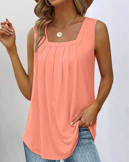 Women's Square Neck Pleated Tank Top with Curved Hem