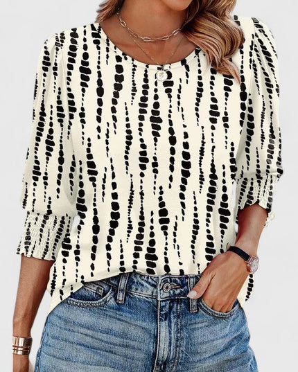Women's Round Neck Top with Puff Sleeves and Smocked Cuffs