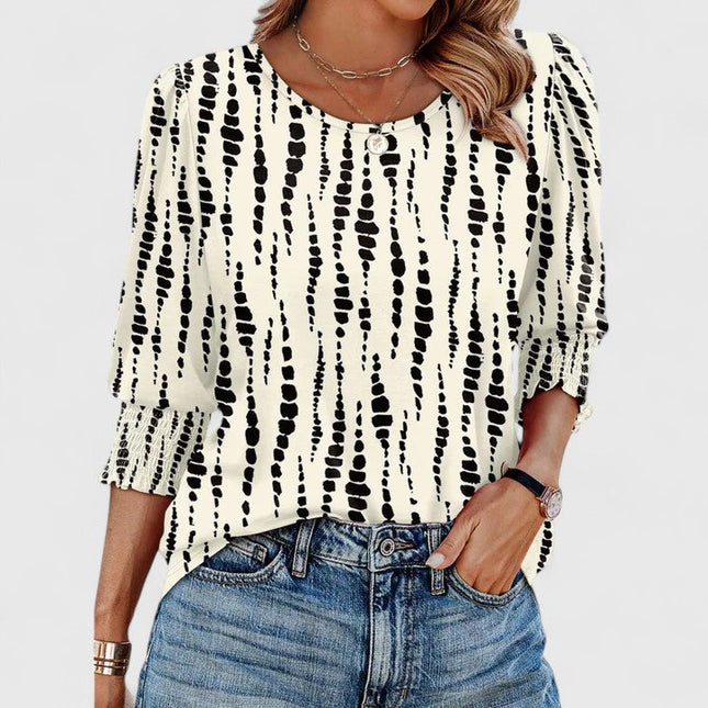 Women's Round Neck Top with Puff Sleeves and Smocked Cuffs