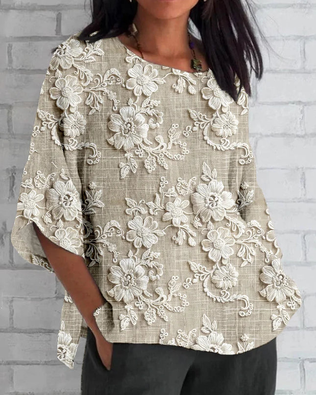 Women's Floral Embroidery-Print Top with Split Sleeves and Round Neck