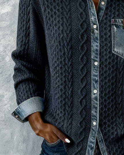 Women's Cable Knit and Denim Panel Shirt with Button Front