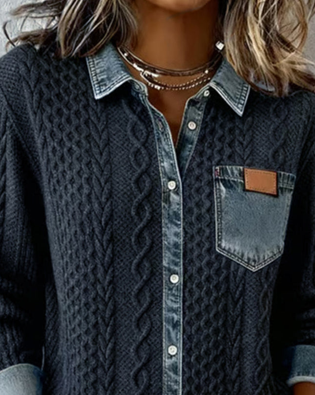 Women's Cable Knit and Denim Panel Shirt with Button Front