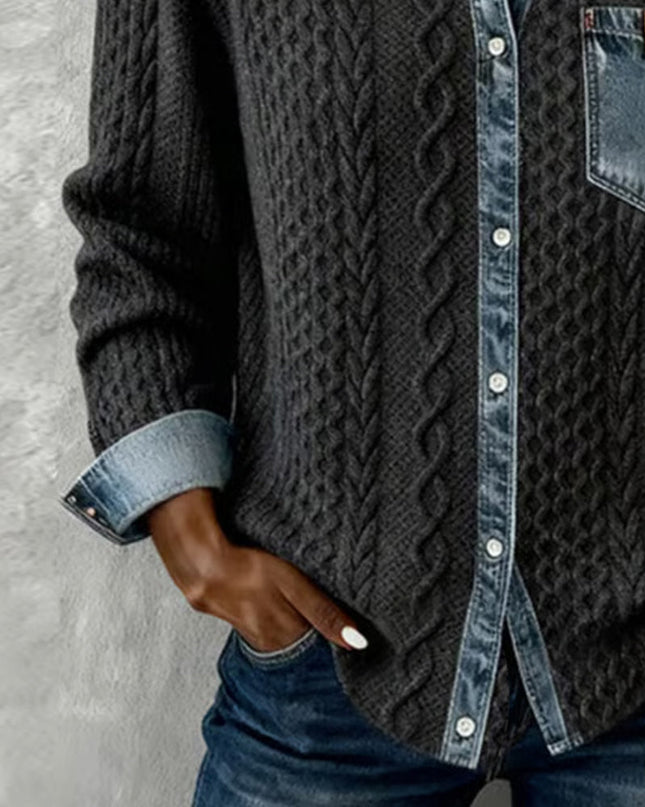 Women's Cable Knit and Denim Panel Shirt with Button Front