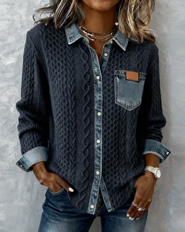 Women's Cable Knit and Denim Panel Shirt with Button Front