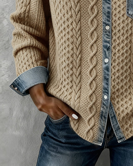 Women's Cable Knit and Denim Panel Shirt with Button Front