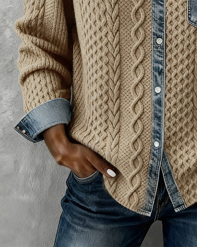 Women's Cable Knit and Denim Panel Shirt with Button Front