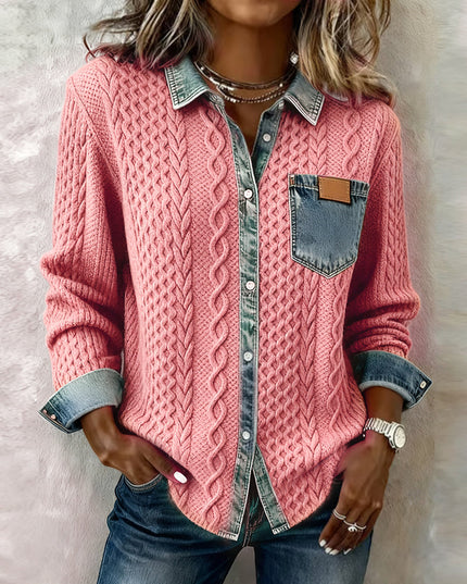 Women's Cable Knit and Denim Panel Shirt with Button Front