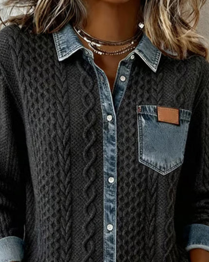 Women's Cable Knit and Denim Panel Shirt with Button Front
