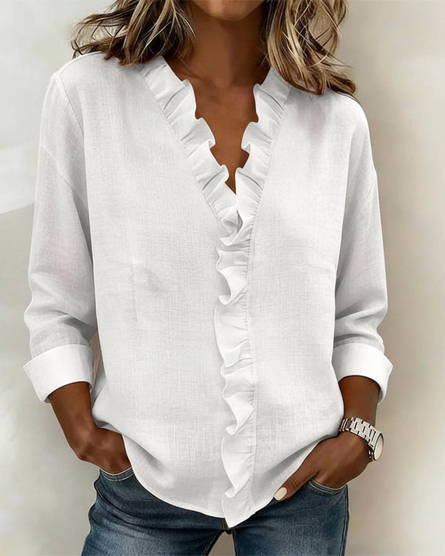 Women's Linen-Look Blouse with V-Neck Ruffle Trim and Turnback Cuffs