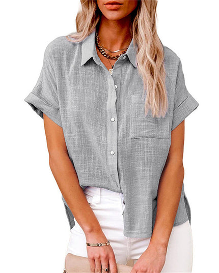 Women's Linen-Look Short Sleeve Shirt with Chest Pocket and Side Vents
