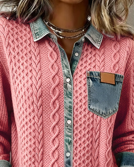 Women's Cable Knit and Denim Panel Shirt with Button Front