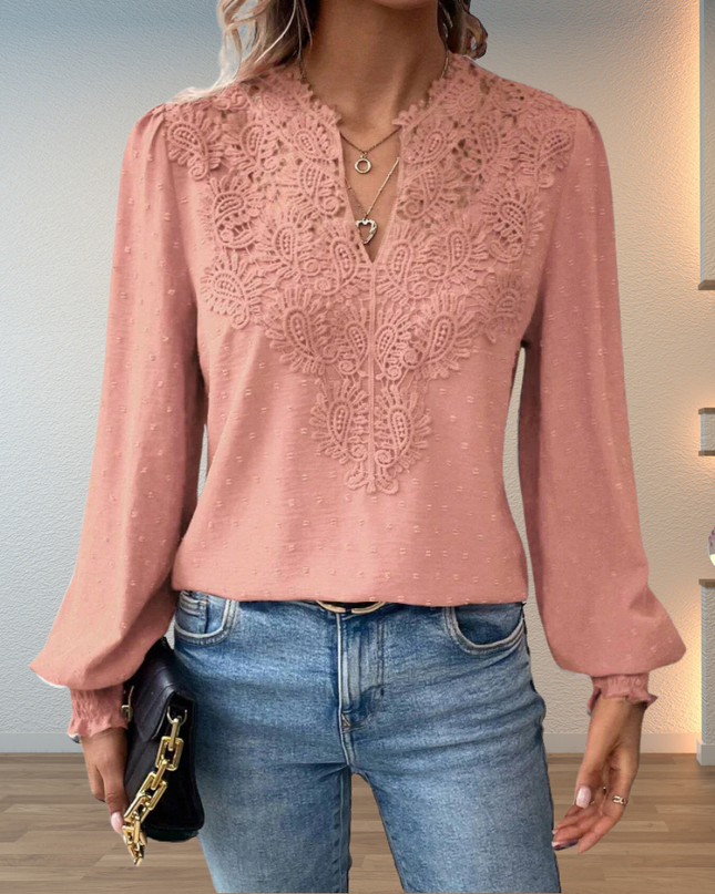 Women's Swiss Dot Blouse with Lace Yoke and Smocked Cuffs