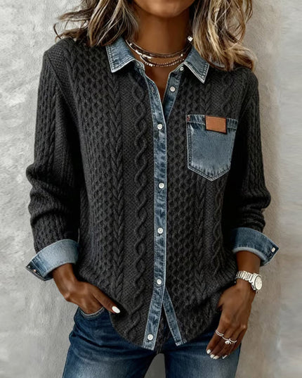 Women's Cable Knit and Denim Panel Shirt with Button Front