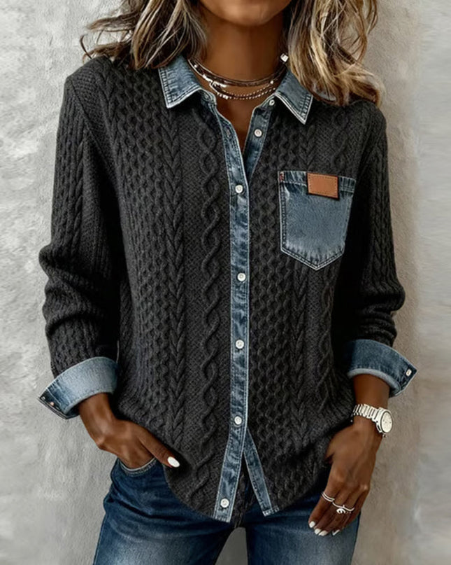 Women's Cable Knit and Denim Panel Shirt with Button Front