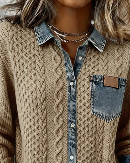 Women's Cable Knit and Denim Panel Shirt with Button Front
