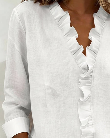Women's Linen-Look Blouse with V-Neck Ruffle Trim and Turnback Cuffs