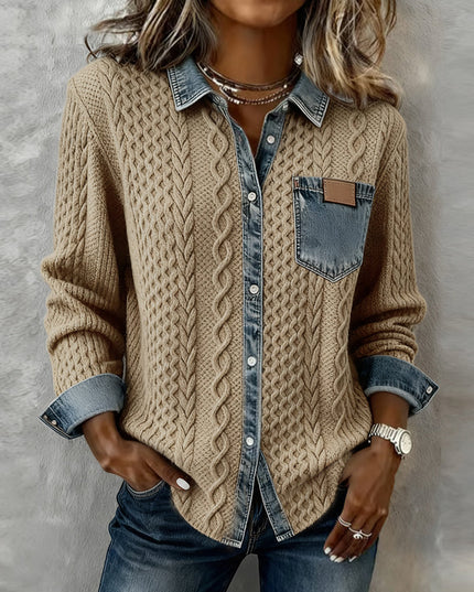 Women's Cable Knit and Denim Panel Shirt with Button Front
