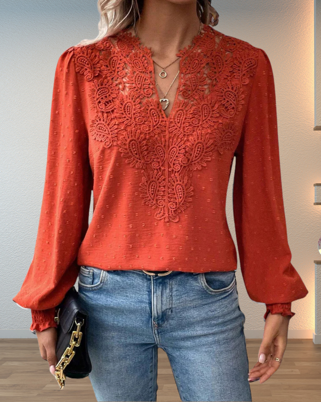 Women's Swiss Dot Blouse with Lace Yoke and Smocked Cuffs