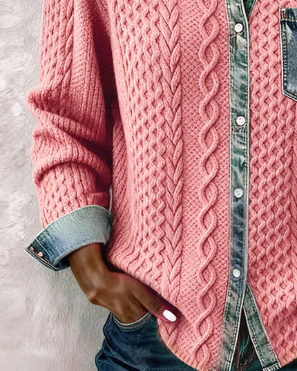 Women's Cable Knit and Denim Panel Shirt with Button Front