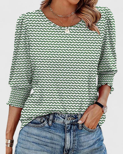 Women's Round Neck Top with Puff Sleeves and Smocked Cuffs