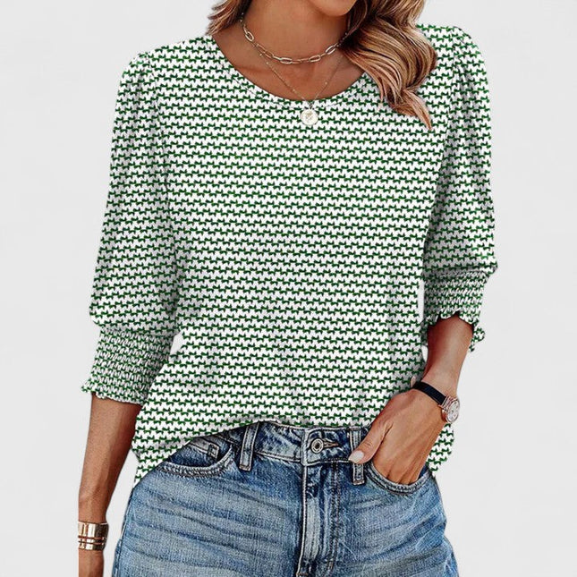 Women's Round Neck Top with Puff Sleeves and Smocked Cuffs