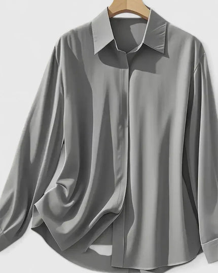 Women's Satin Concealed-Button Shirt with Point Collar and Fitted Cuffs