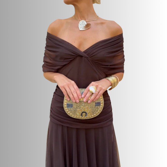 Harper | Shoulderless Draped V Neck Maxi Dress
