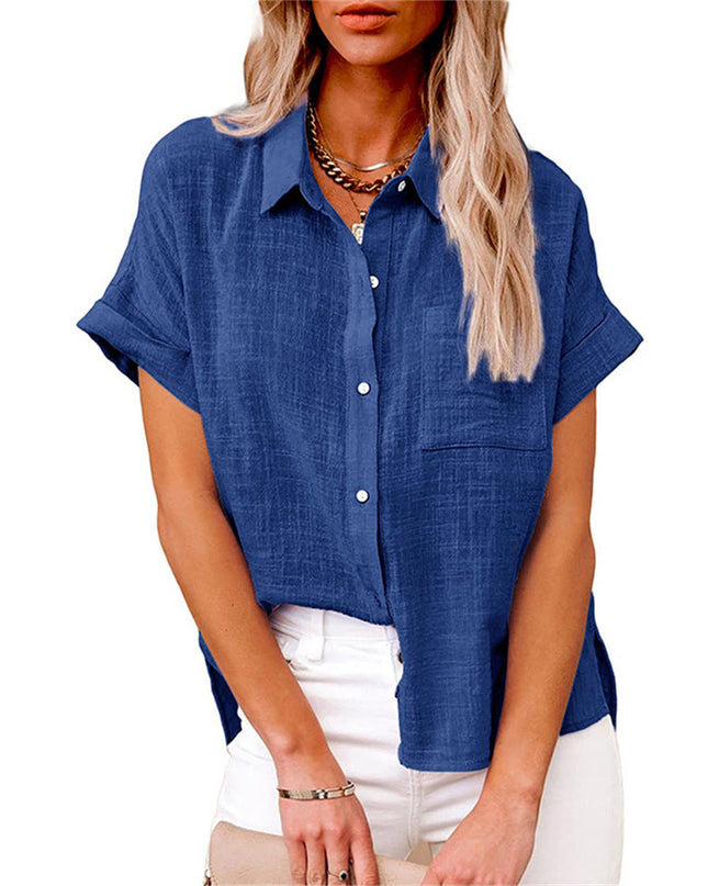 Women's Linen-Look Short Sleeve Shirt with Chest Pocket and Side Vents