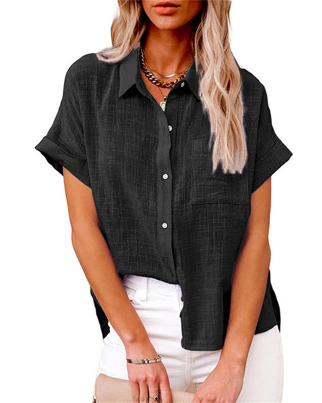 Women's Linen-Look Short Sleeve Shirt with Chest Pocket and Side Vents