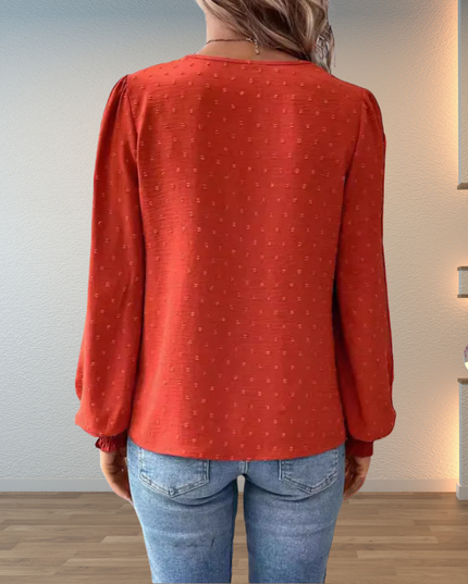 Women's Swiss Dot Blouse with Lace Yoke and Smocked Cuffs