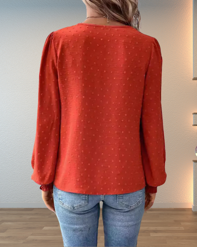 Women's Swiss Dot Blouse with Lace Yoke and Smocked Cuffs