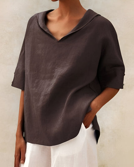 Women's Linen Oversized Top with Collar V-Neck and Button-Tab Sleeves