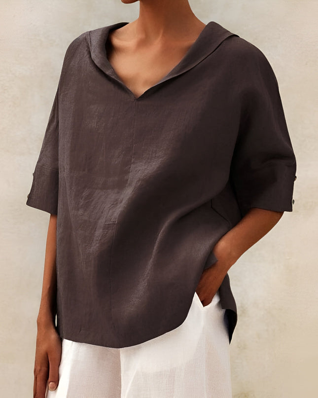Women's Linen Oversized Top with Collar V-Neck and Button-Tab Sleeves