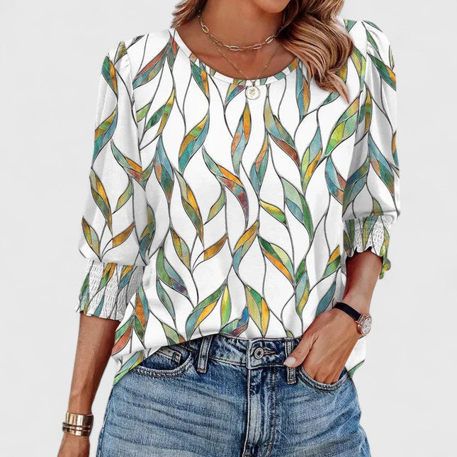 Women's Round Neck Top with Puff Sleeves and Smocked Cuffs