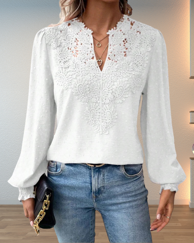 Women's Swiss Dot Blouse with Lace Yoke and Smocked Cuffs