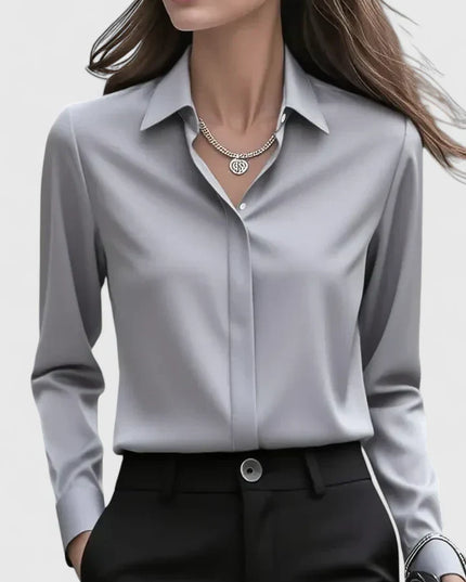 Women's Satin Concealed-Button Shirt with Point Collar and Fitted Cuffs