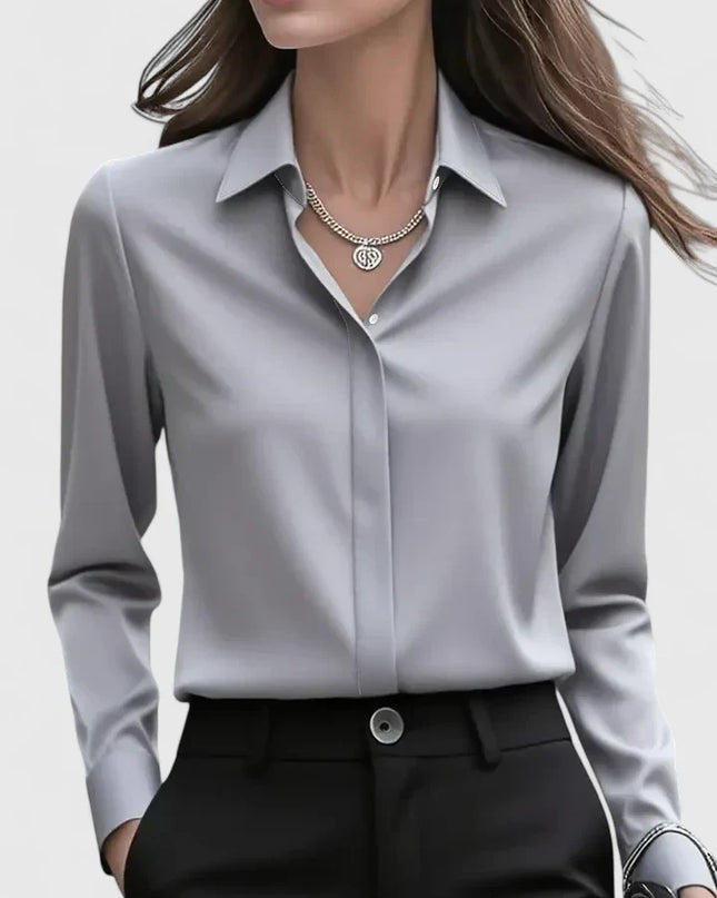 Women's Satin Concealed-Button Shirt with Point Collar and Fitted Cuffs