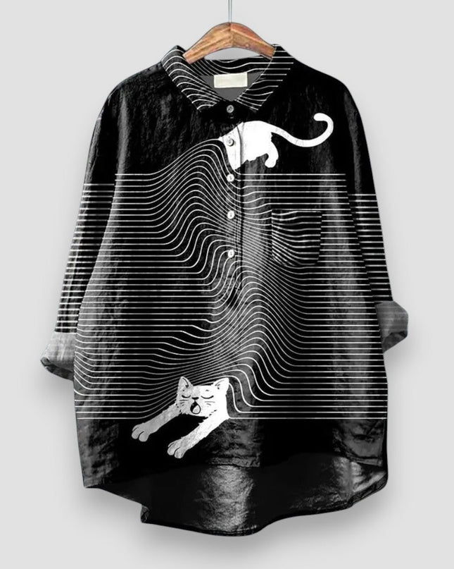 Women's Illustrated Dog Print Linen-Look Shirt with Point Collar