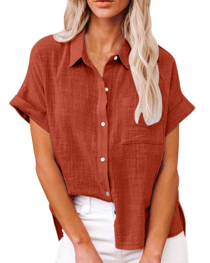 Women's Linen-Look Short Sleeve Shirt with Chest Pocket and Side Vents