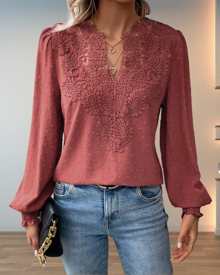 Women's Swiss Dot Blouse with Lace Yoke and Smocked Cuffs