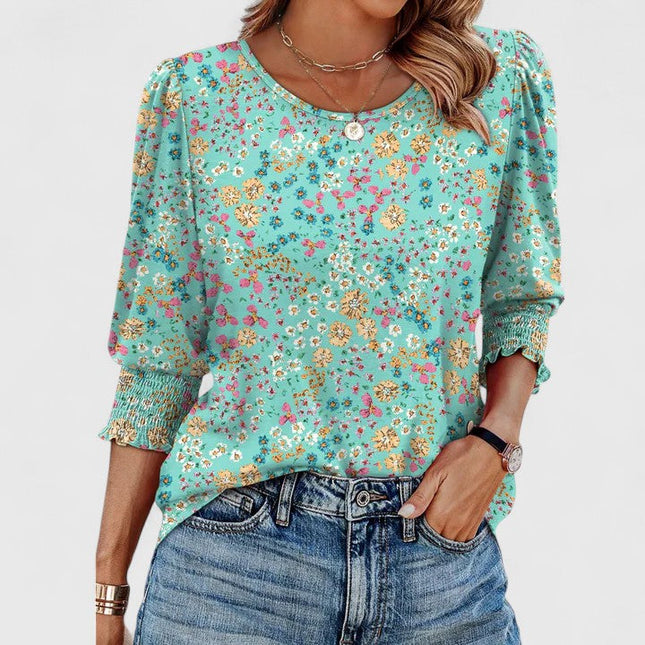 Women's Round Neck Top with Puff Sleeves and Smocked Cuffs