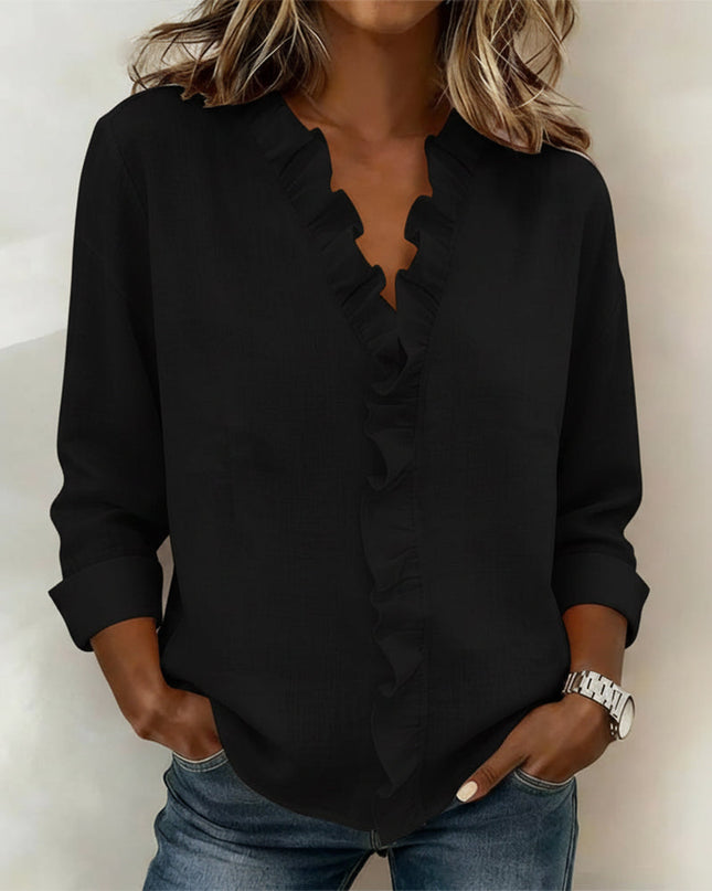 Women's Linen-Look Blouse with V-Neck Ruffle Trim and Turnback Cuffs