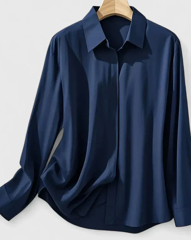 Women's Satin Concealed-Button Shirt with Point Collar and Fitted Cuffs