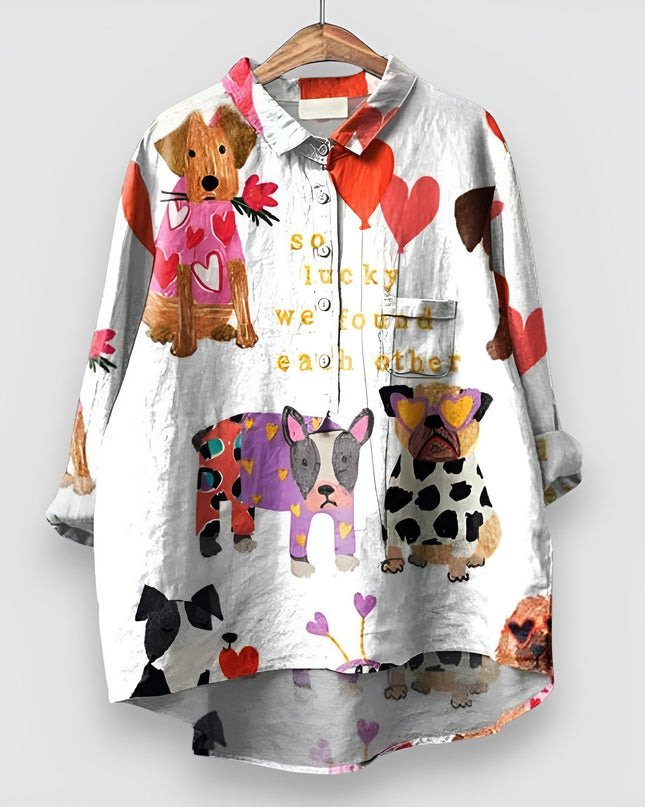 Women's Illustrated Dog Print Linen-Look Shirt with Point Collar