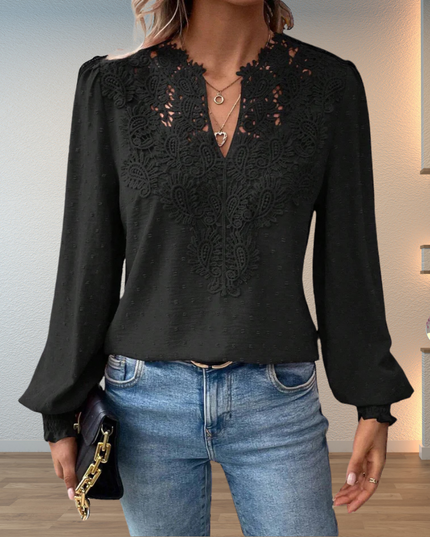 Women's Swiss Dot Blouse with Lace Yoke and Smocked Cuffs