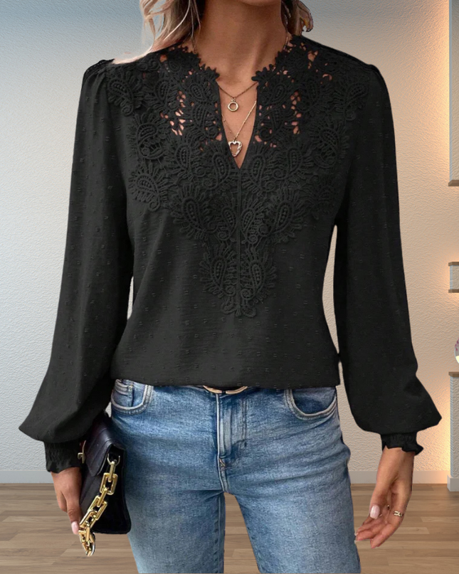 Women's Swiss Dot Blouse with Lace Yoke and Smocked Cuffs