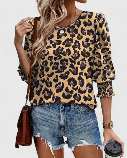 Women's Round Neck Top with Puff Sleeves and Smocked Cuffs