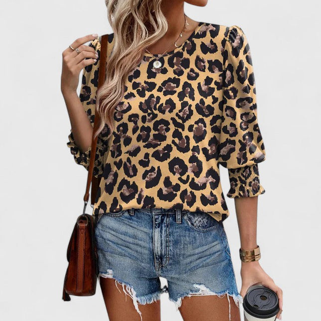 Women's Round Neck Top with Puff Sleeves and Smocked Cuffs