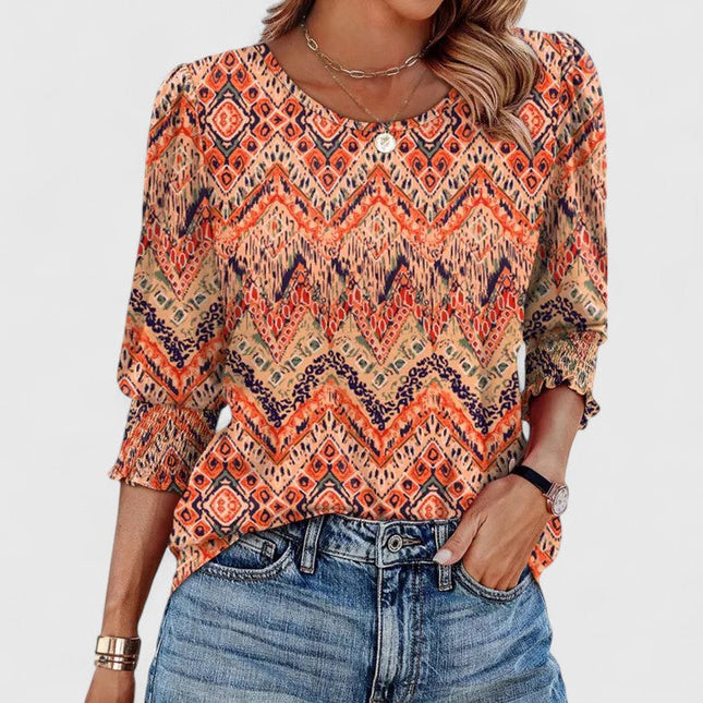 Women's Round Neck Top with Puff Sleeves and Smocked Cuffs